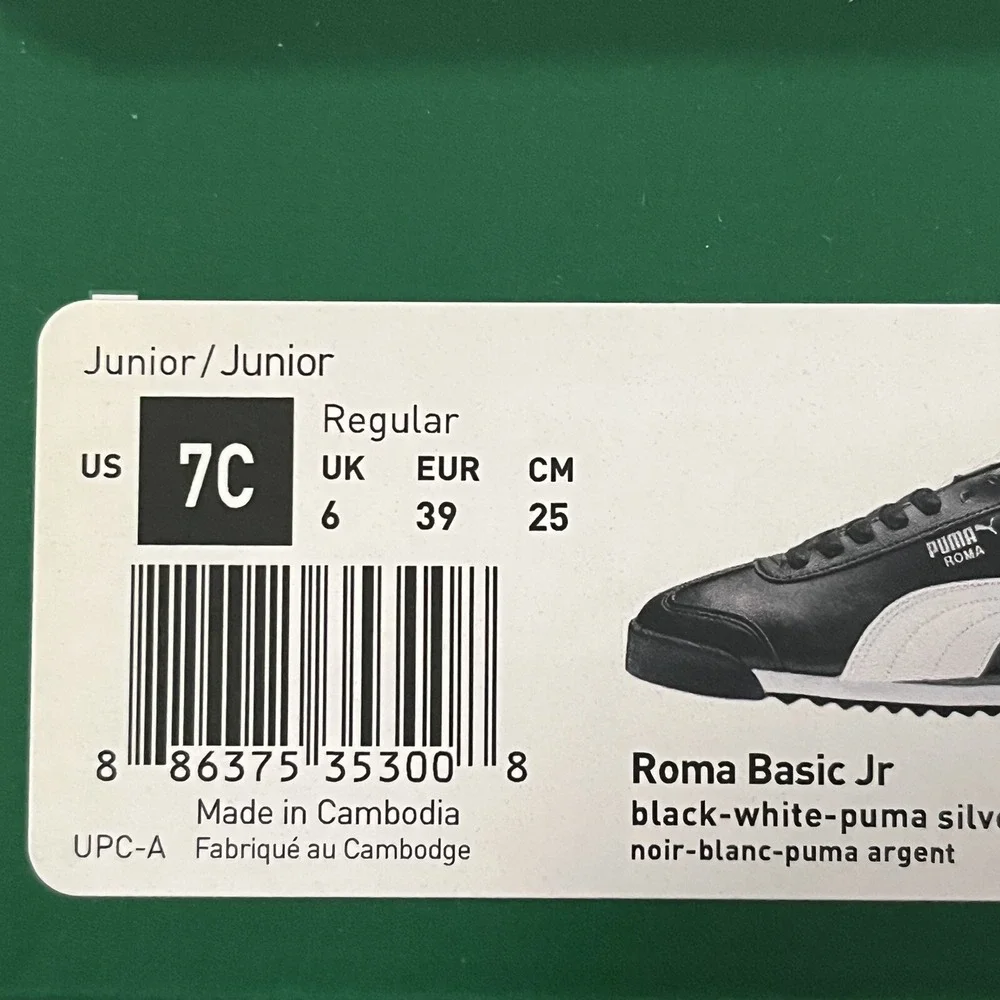 Puma Roma Mens Youth Boys Low Top Sneakers Size 7 Black-White Lace‎ Up Shoes